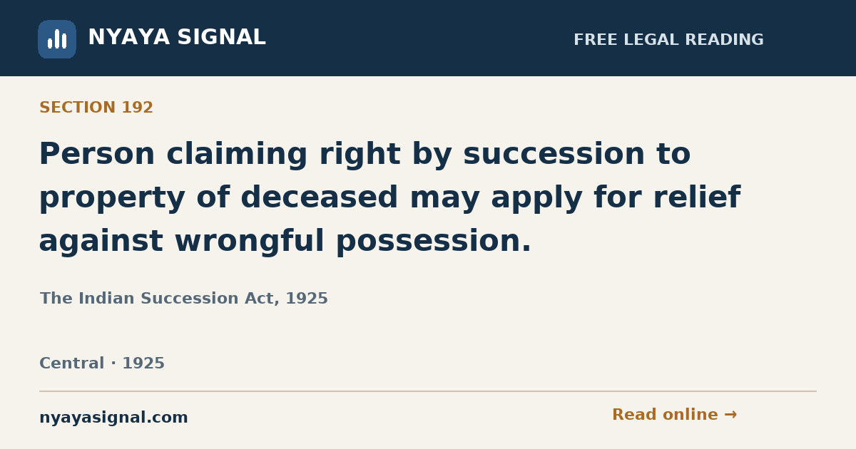 Section 192 — Person claiming right by succession to property of deceased may apply for relief against wrongful possession. | The Indian Succession Act, 1925 | NYAYA SIGNAL