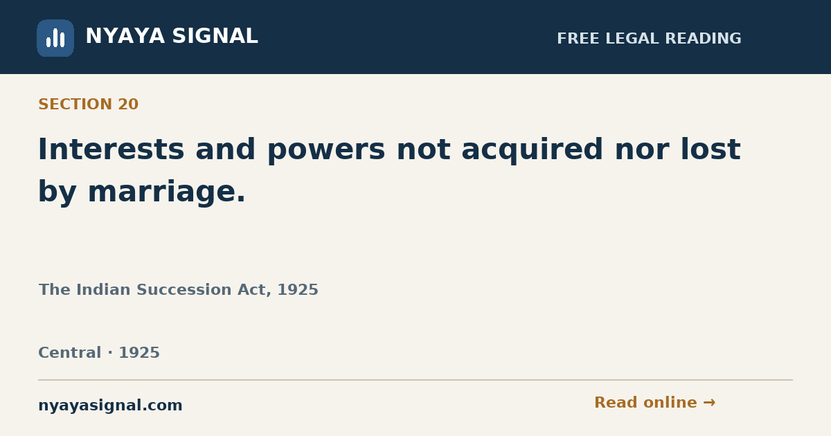 Section 20 — Interests and powers not acquired nor lost by marriage. | The Indian Succession Act, 1925 | NYAYA SIGNAL