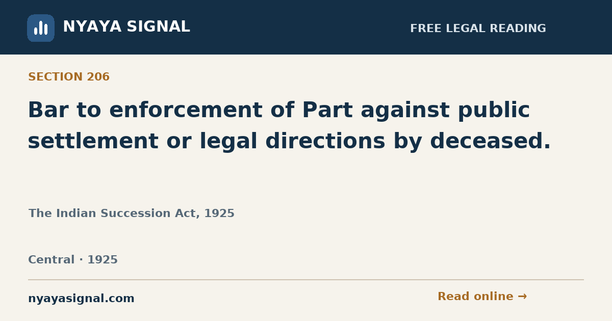 Section 206 — Bar to enforcement of Part against public settlement or legal directions by deceased. | The Indian Succession Act, 1925 | NYAYA SIGNAL