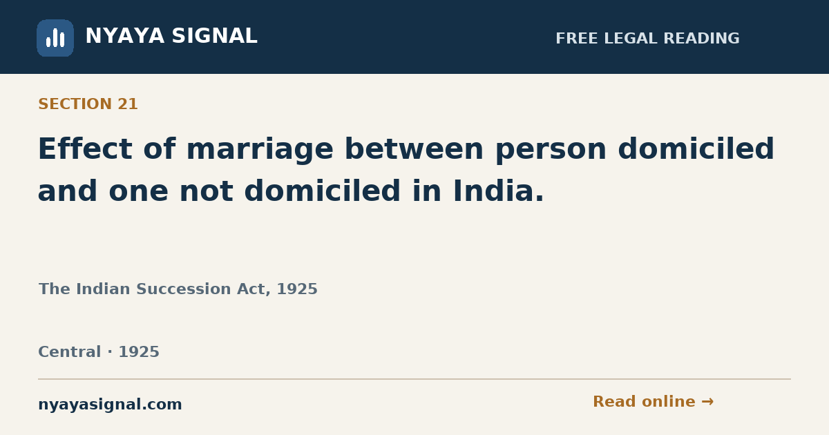 Section 21 — Effect of marriage between person domiciled and one not domiciled in India. | The Indian Succession Act, 1925 | NYAYA SIGNAL