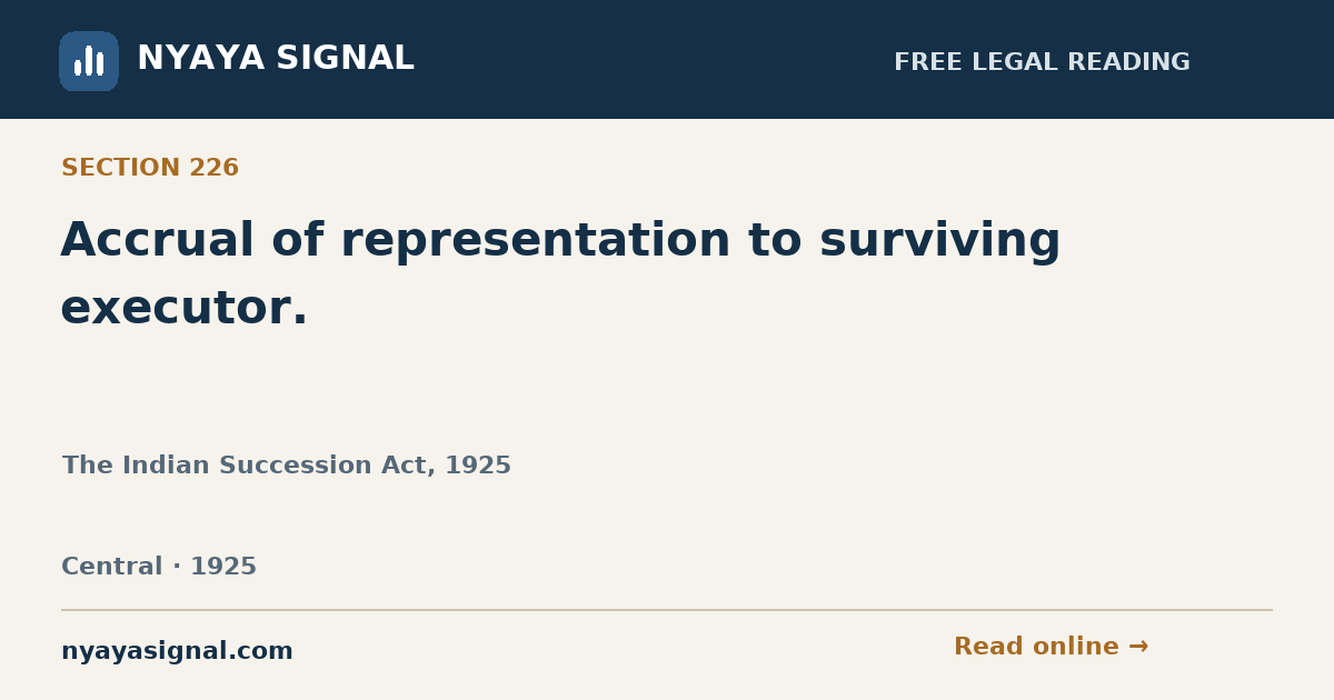 Section 226 — Accrual of representation to surviving executor. | The Indian Succession Act, 1925 | NYAYA SIGNAL