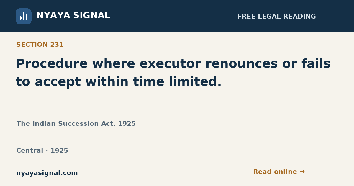 Section 231 — Procedure where executor renounces or fails to accept within time limited. | The Indian Succession Act, 1925 | NYAYA SIGNAL