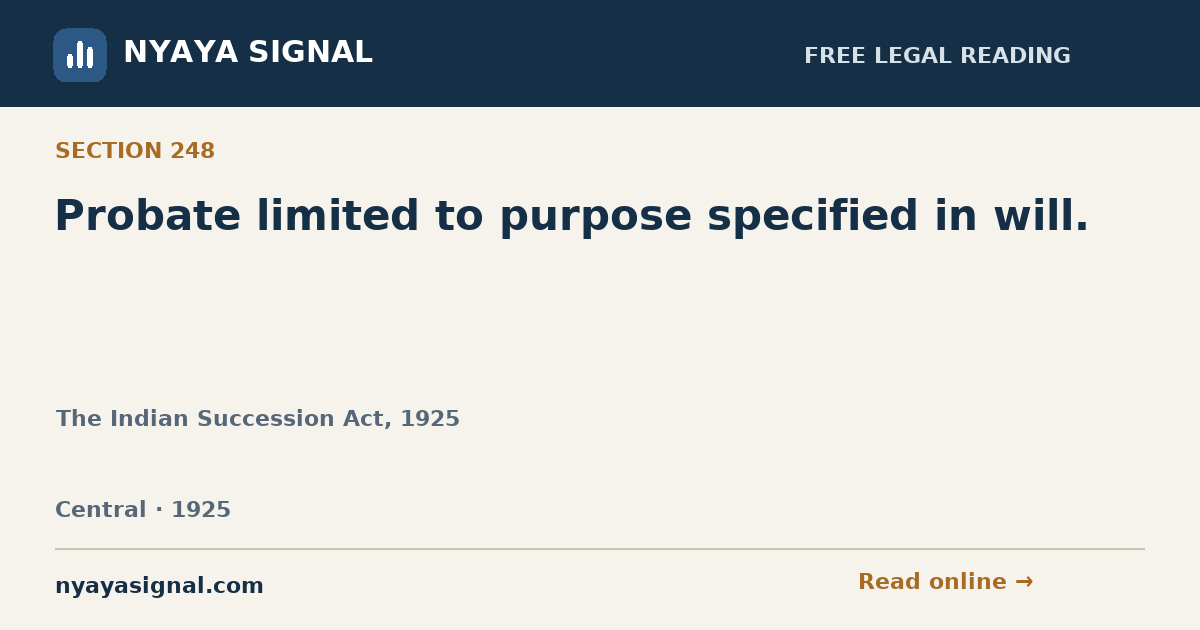 Section 248 — Probate limited to purpose specified in will. | The Indian Succession Act, 1925 | NYAYA SIGNAL