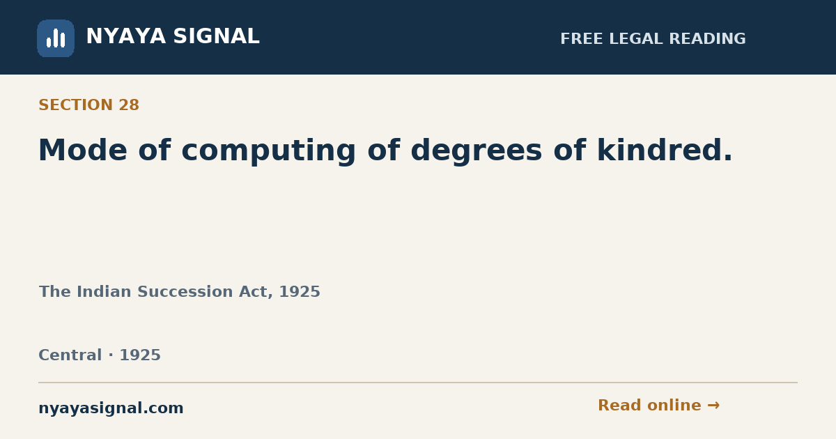 Section 28 — Mode of computing of degrees of kindred. | The Indian Succession Act, 1925 | NYAYA SIGNAL