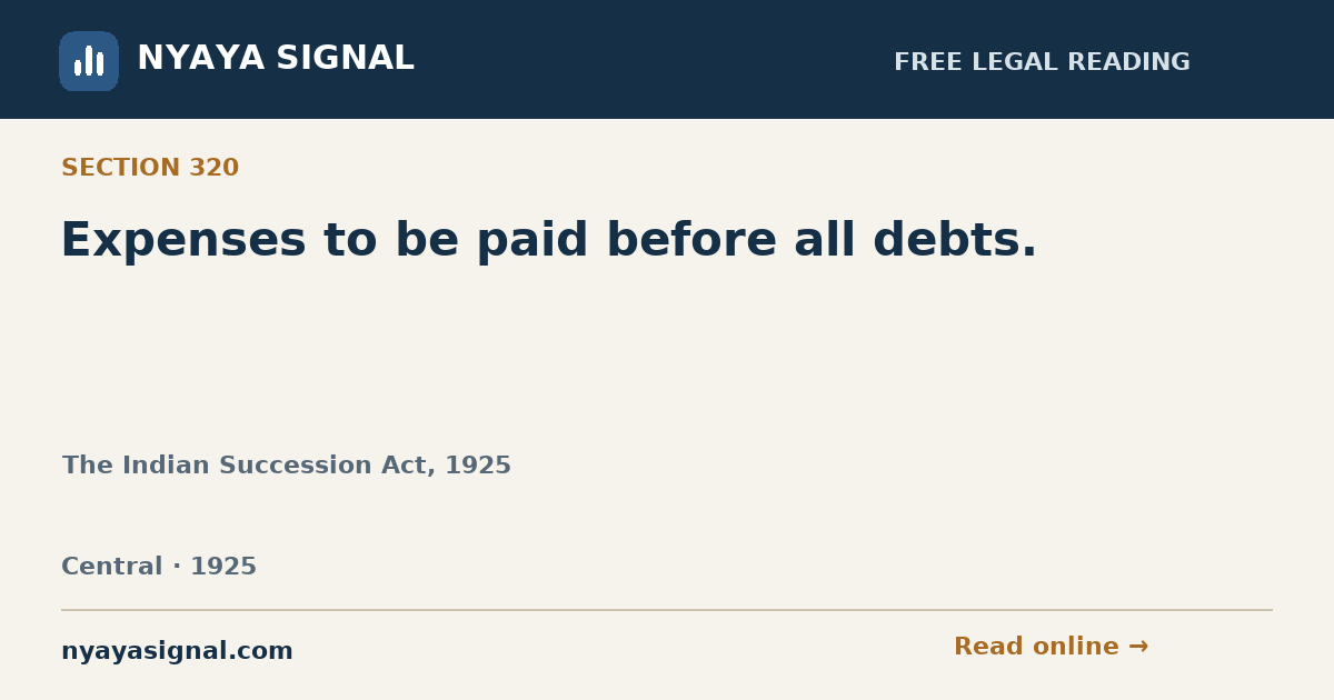 Section 320 — Expenses to be paid before all debts. | The Indian Succession Act, 1925 | NYAYA SIGNAL