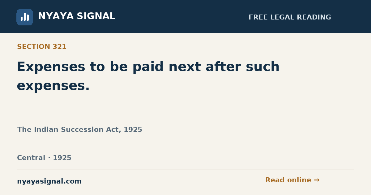 Section 321 — Expenses to be paid next after such expenses. | The Indian Succession Act, 1925 | NYAYA SIGNAL