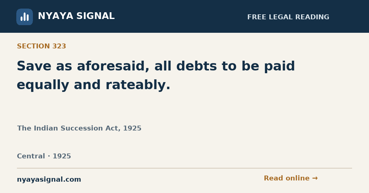 Section 323 — Save as aforesaid, all debts to be paid equally and rateably. | The Indian Succession Act, 1925 | NYAYA SIGNAL