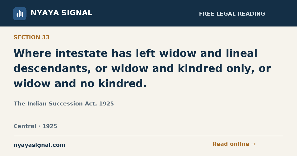 Section 33 — Where intestate has left widow and lineal descendants, or widow and kindred only, or widow and no kindred. | The Indian Succession Act, 1925 | NYAYA SIGNAL