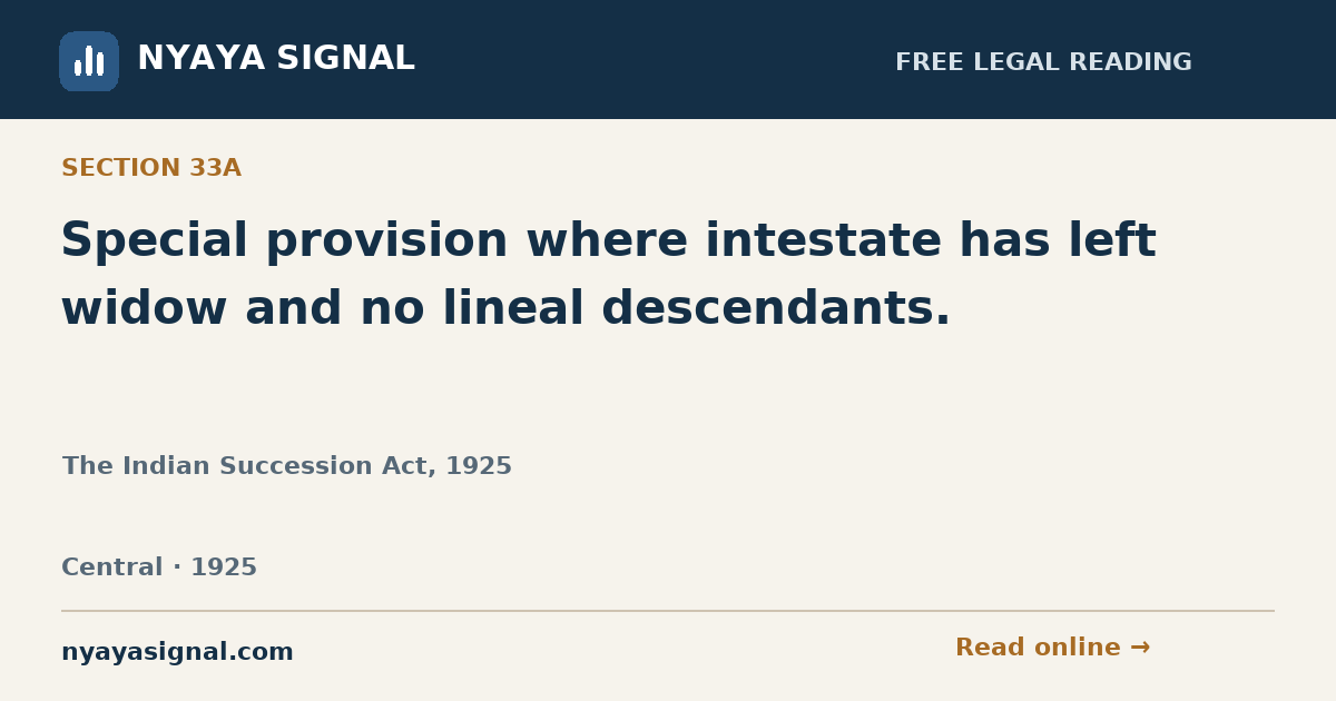 Section 33A — Special provision where intestate has left widow and no lineal descendants. | The Indian Succession Act, 1925 | NYAYA SIGNAL