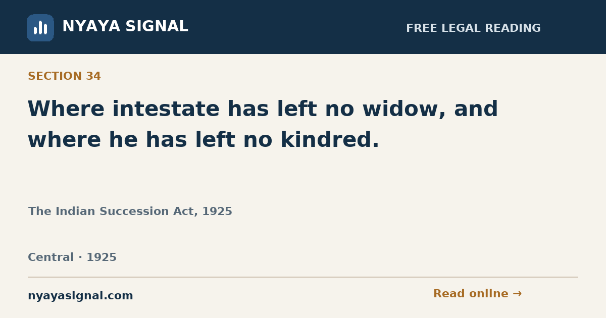 Section 34 — Where intestate has left no widow, and where he has left no kindred. | The Indian Succession Act, 1925 | NYAYA SIGNAL