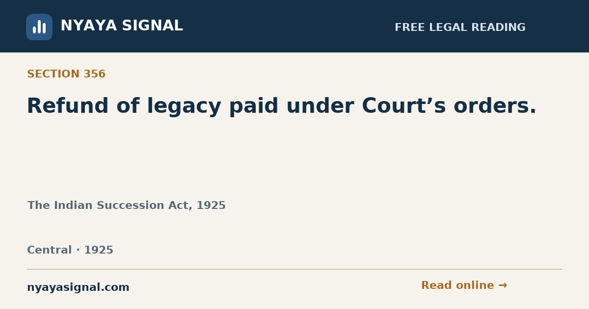 Section 356 — Refund of legacy paid under Court’s orders. | The Indian Succession Act, 1925 | NYAYA SIGNAL