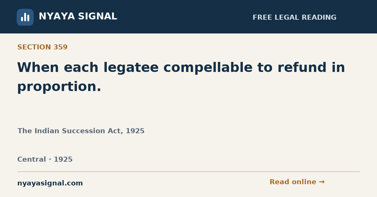 Section 359 — When each legatee compellable to refund in proportion. | The Indian Succession Act, 1925 | NYAYA SIGNAL