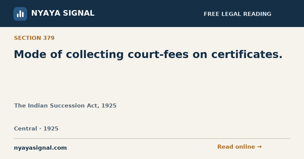 Section 379 — Mode of collecting court-fees on certificates. | The Indian Succession Act, 1925 | NYAYA SIGNAL