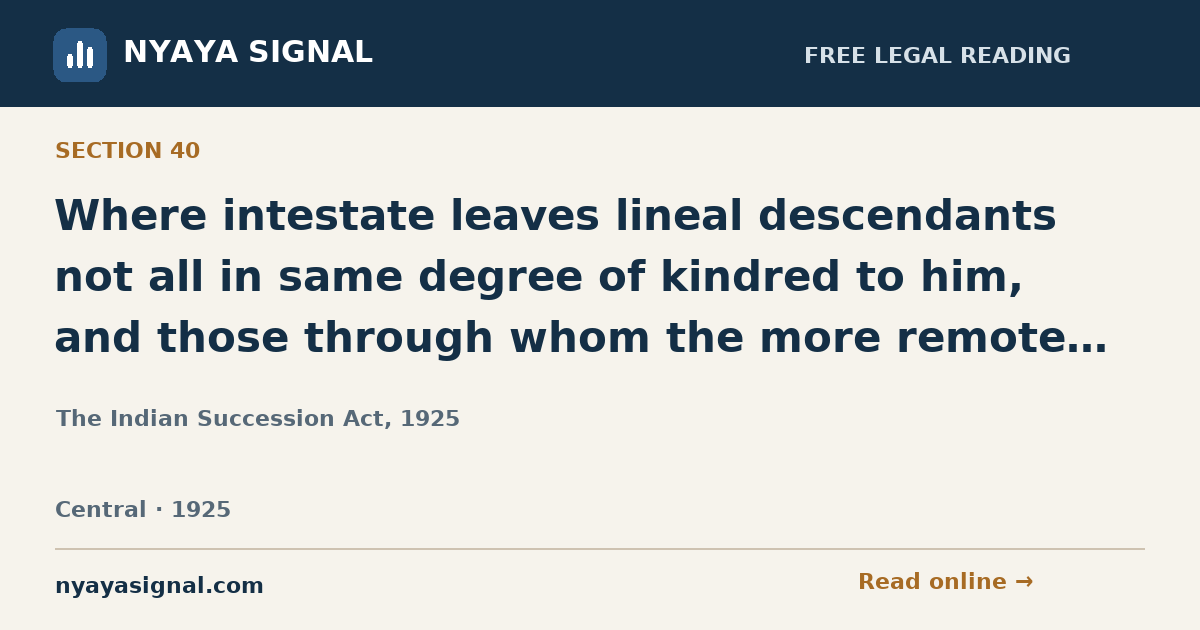 Section 40 — Where intestate leaves lineal descendants not all in same degree of kindred to him, and those through whom the more remote are descended are dead. | The Indian Succession Act, 1925 | NYAYA SIGNAL