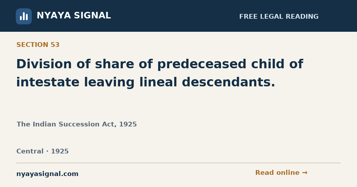 Section 53 — Division of share of predeceased child of intestate leaving lineal descendants. | The Indian Succession Act, 1925 | NYAYA SIGNAL