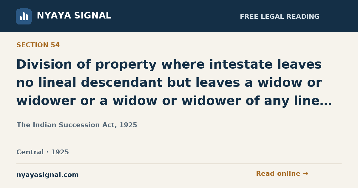 Section 54 — Division of property where intestate leaves no lineal descendant but leaves a widow or widower or a widow or widower of any lineal descendant. | The Indian Succession Act, 1925 | NYAYA SIGNAL