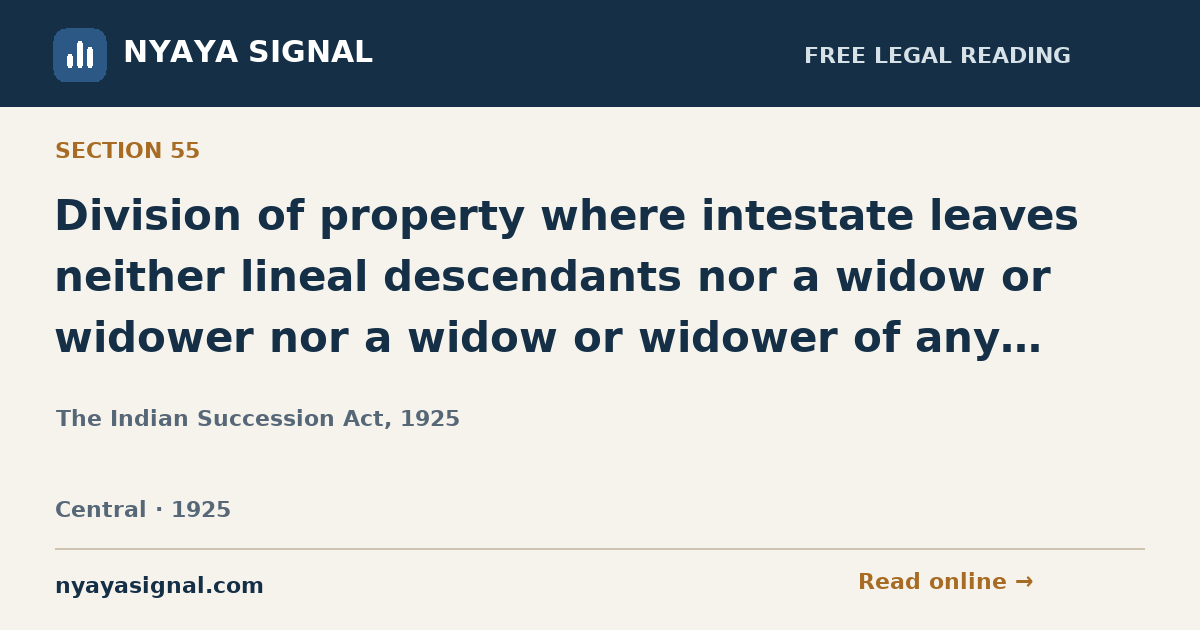 Section 55 — Division of property where intestate leaves neither lineal descendants nor a widow or widower nor a widow or widower of any lineal descendant. | The Indian Succession Act, 1925 | NYAYA SIGNAL