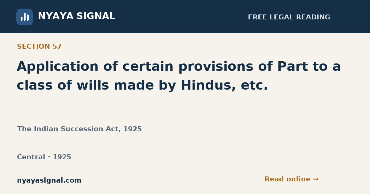 Section 57 — Application of certain provisions of Part to a class of wills made by Hindus, etc. | The Indian Succession Act, 1925 | NYAYA SIGNAL