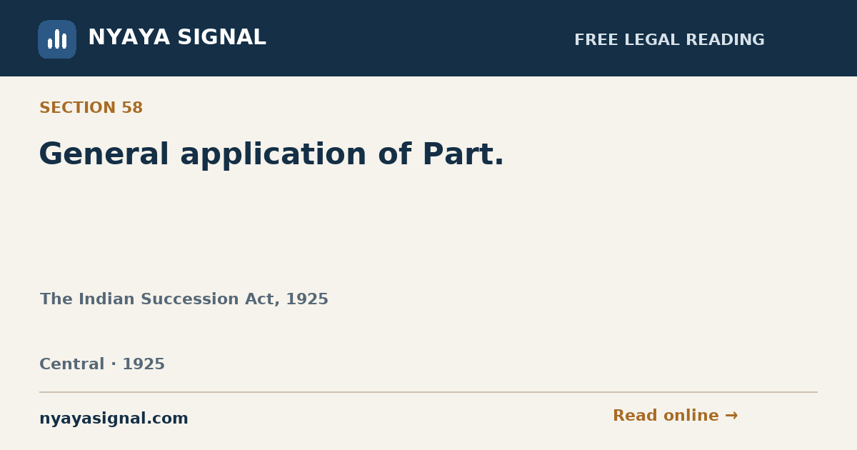 Section 58 — General application of Part. | The Indian Succession Act, 1925 | NYAYA SIGNAL