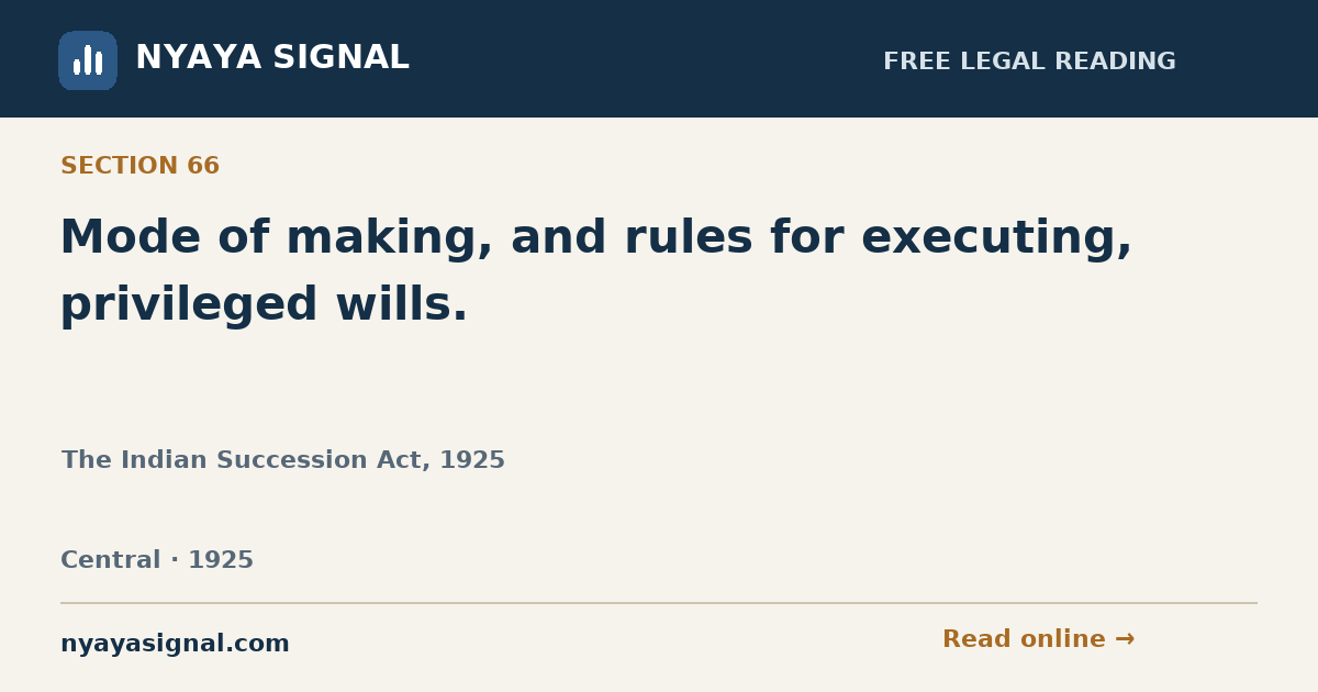 Section 66 — Mode of making, and rules for executing, privileged wills. | The Indian Succession Act, 1925 | NYAYA SIGNAL