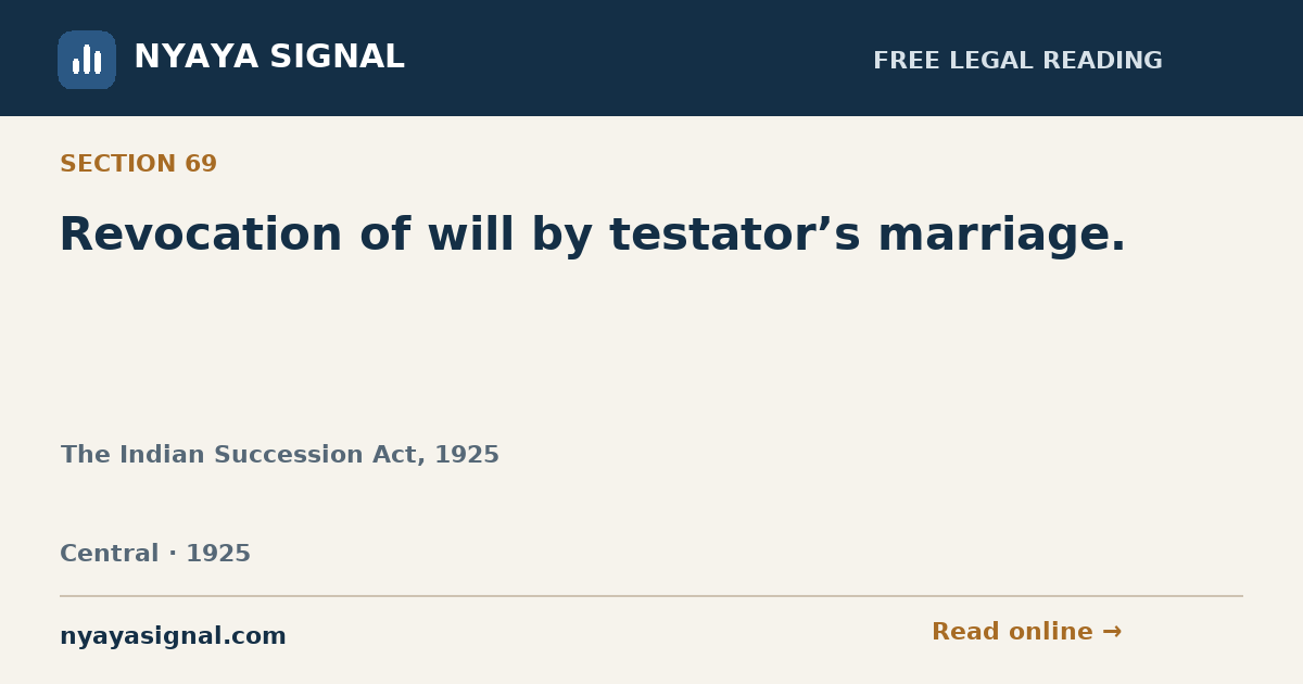 Section 69 — Revocation of will by testator’s marriage. | The Indian Succession Act, 1925 | NYAYA SIGNAL