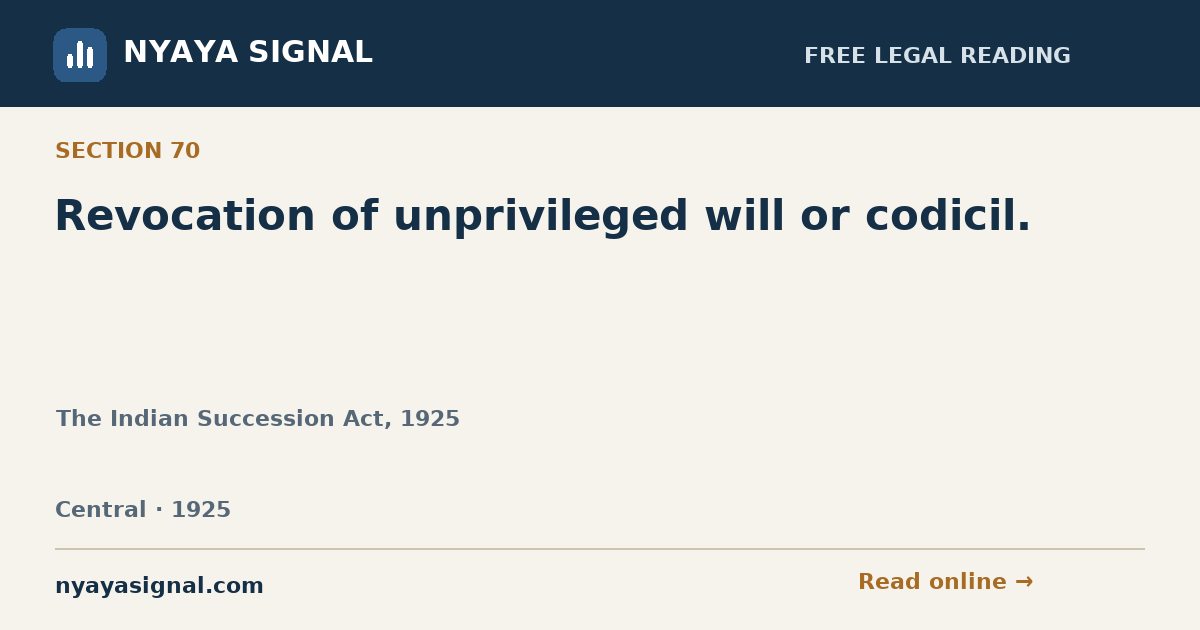 Section 70 — Revocation of unprivileged will or codicil. | The Indian Succession Act, 1925 | NYAYA SIGNAL