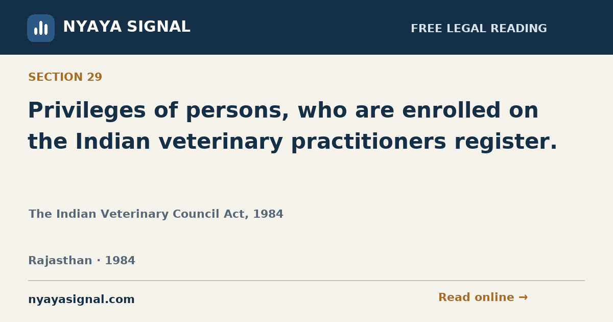 Section 29 — Privileges of persons, who are enrolled on the Indian veterinary practitioners register. | The Indian Veterinary Council Act, 1984 | NYAYA SIGNAL