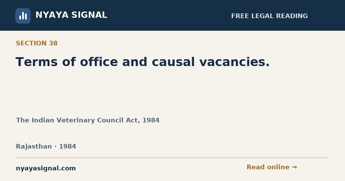 Section 38 — Terms of office and causal vacancies. | The Indian Veterinary Council Act, 1984 | NYAYA SIGNAL