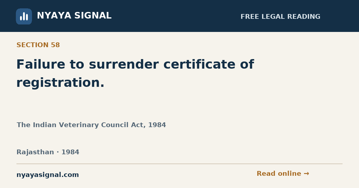 Section 58 — Failure to surrender certificate of registration. | The Indian Veterinary Council Act, 1984 | NYAYA SIGNAL