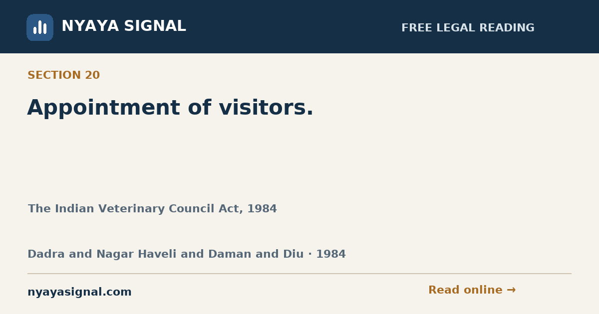 Section 20 — Appointment of visitors. | The Indian Veterinary Council Act, 1984 | NYAYA SIGNAL