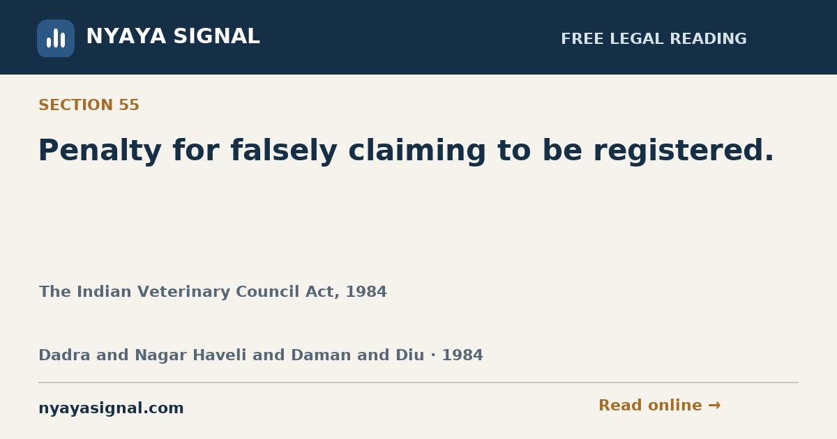 Section 55 — Penalty for falsely claiming to be registered. | The Indian Veterinary Council Act, 1984 | NYAYA SIGNAL