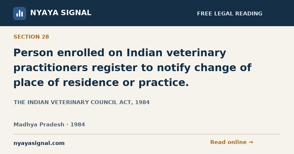 Section 28 — Person enrolled on Indian veterinary practitioners register to notify change of place of residence or practice. | THE INDIAN VETERINARY COUNCIL ACT, 1984 | NYAYA SIGNAL