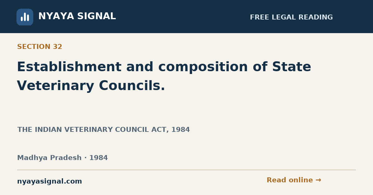Section 32 — Establishment and composition of State Veterinary Councils. | THE INDIAN VETERINARY COUNCIL ACT, 1984 | NYAYA SIGNAL