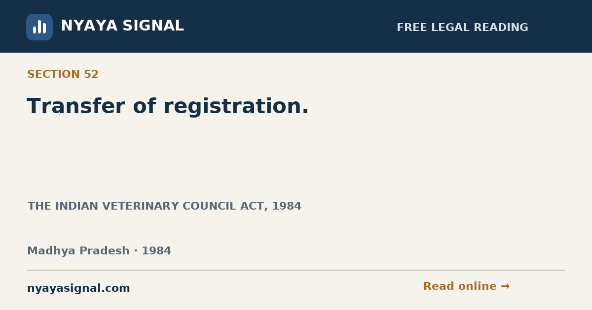 Section 52 — Transfer of registration. | THE INDIAN VETERINARY COUNCIL ACT, 1984 | NYAYA SIGNAL