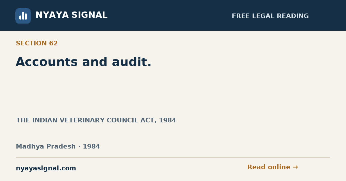 Section 62 — Accounts and audit. | THE INDIAN VETERINARY COUNCIL ACT, 1984 | NYAYA SIGNAL