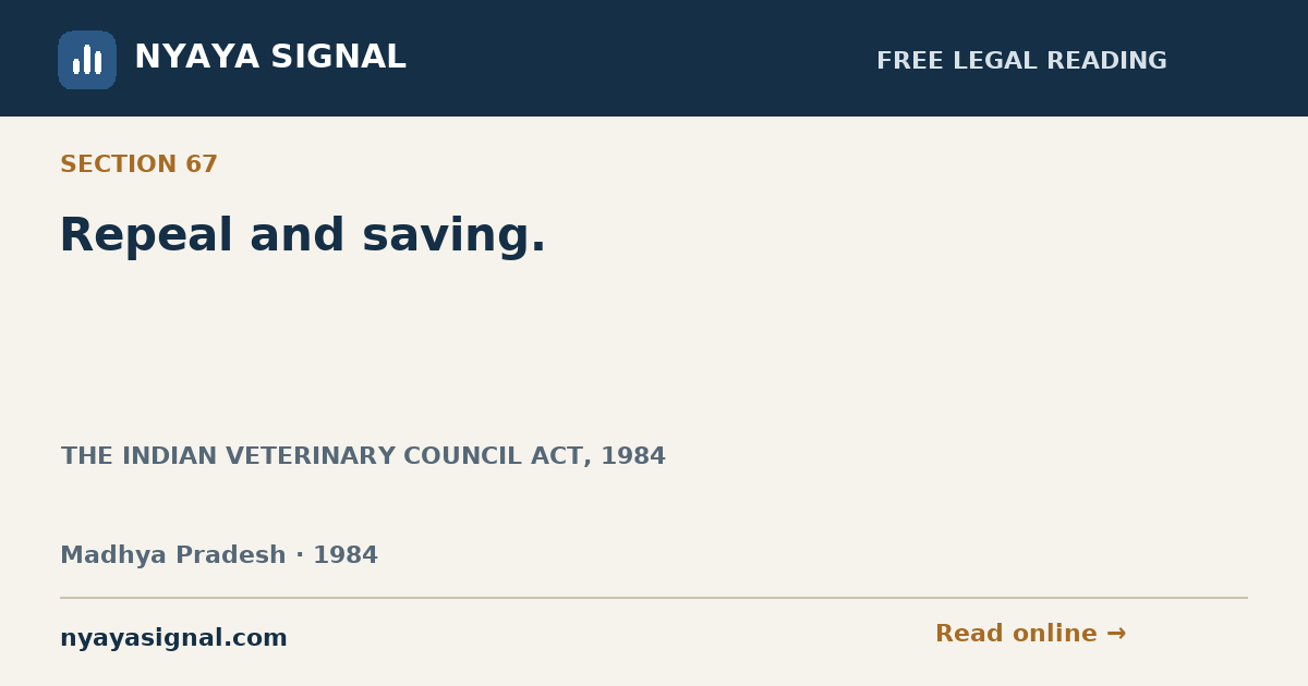 Section 67 — Repeal and saving. | THE INDIAN VETERINARY COUNCIL ACT, 1984 | NYAYA SIGNAL