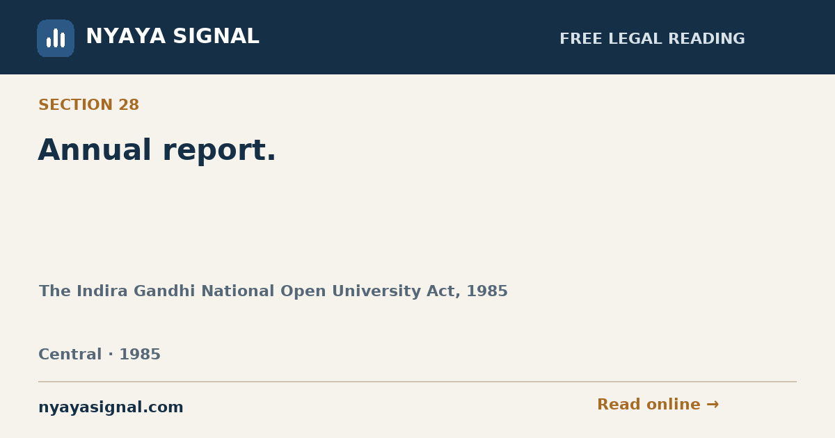 Section 28 — Annual report. | The Indira Gandhi National Open University Act, 1985 | NYAYA SIGNAL