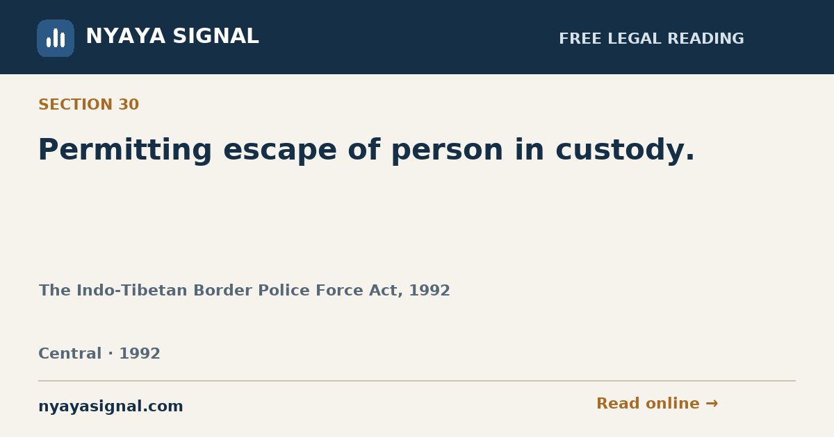 Section 30 — Permitting escape of person in custody. | The Indo-Tibetan Border Police Force Act, 1992 | NYAYA SIGNAL