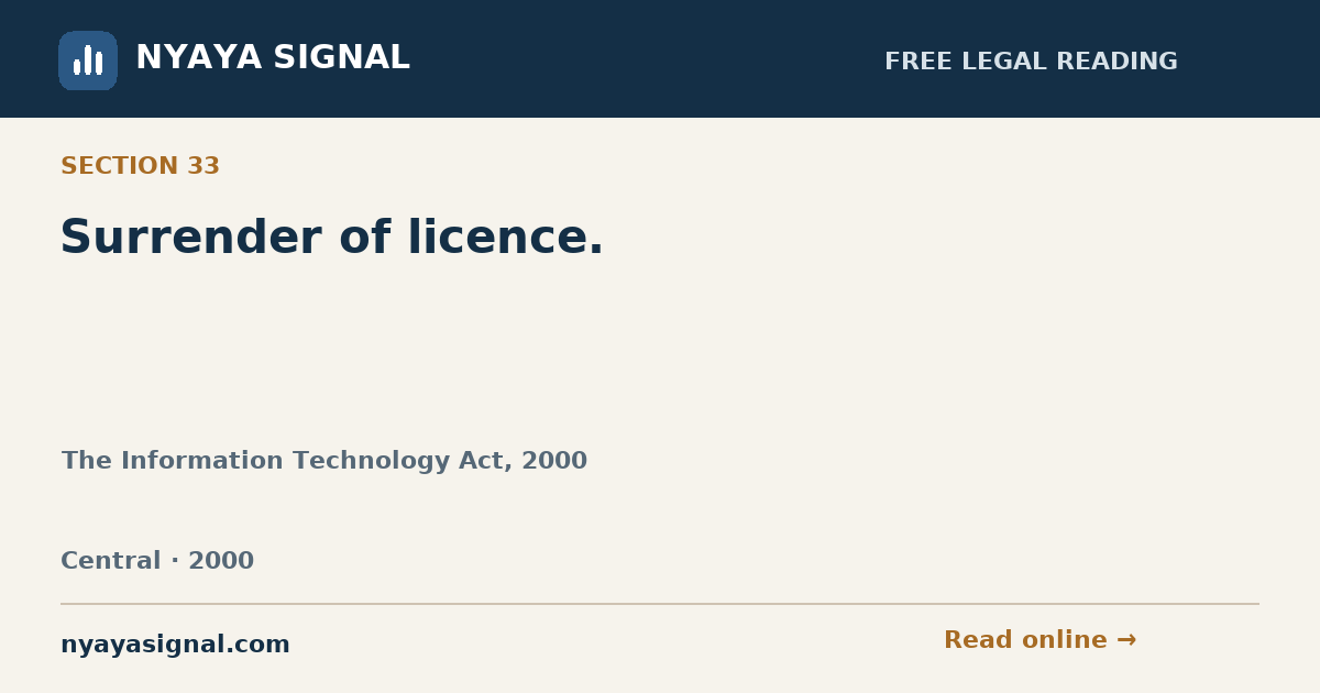 Section 33 — Surrender of licence. | The Information Technology Act, 2000 | NYAYA SIGNAL