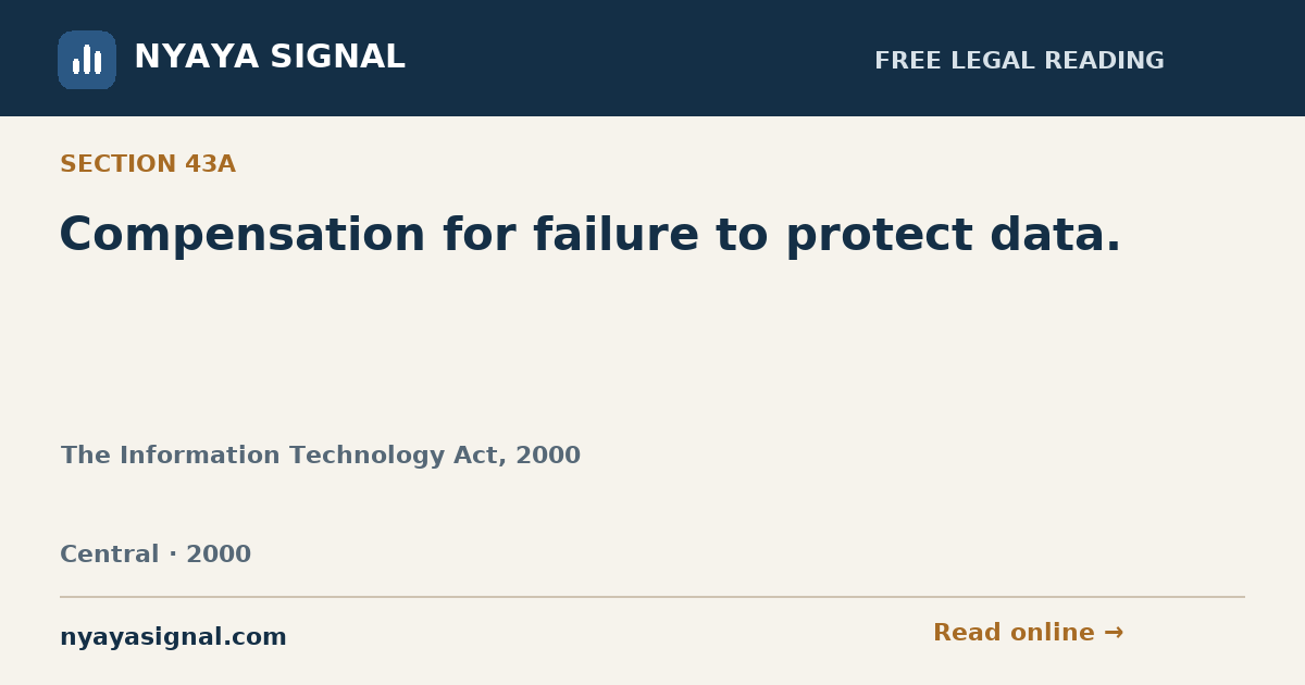 Section 43A — Compensation for failure to protect data. | The Information Technology Act, 2000 | NYAYA SIGNAL