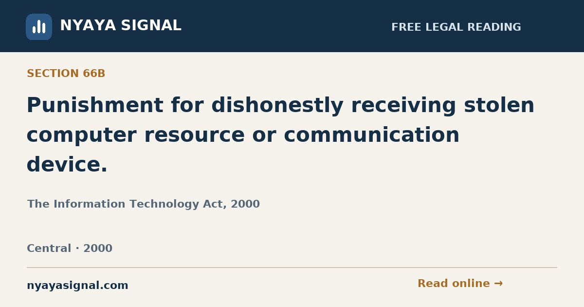 Section 66B — Punishment for dishonestly receiving stolen computer resource or communication device. | The Information Technology Act, 2000 | NYAYA SIGNAL