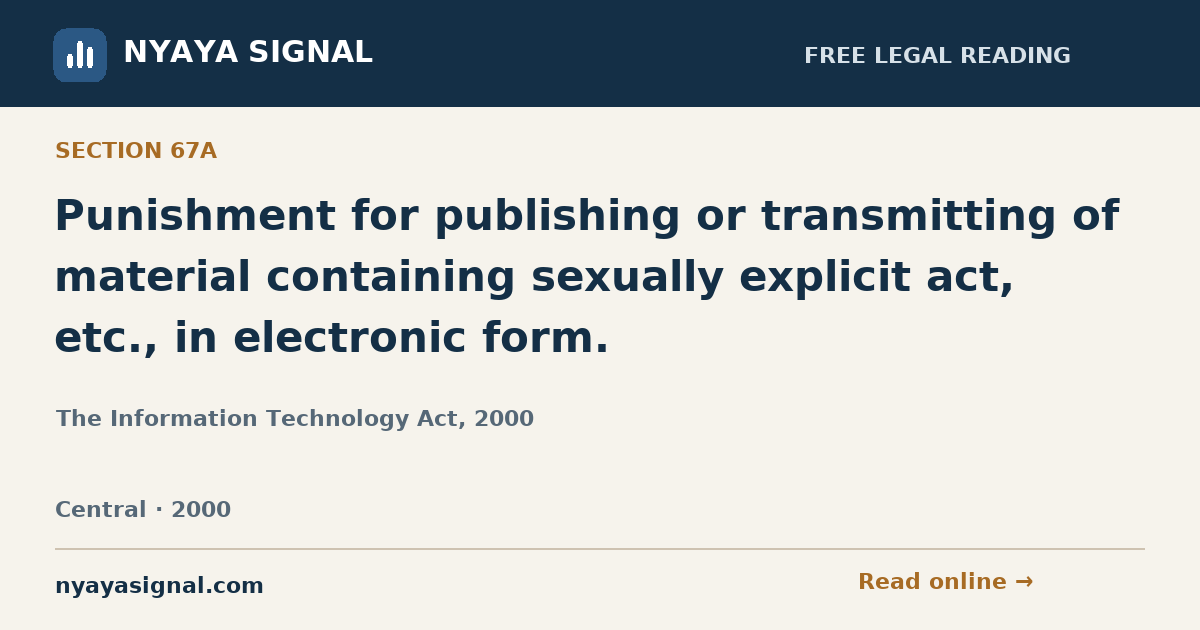 Section 67A — Punishment for publishing or transmitting of material containing sexually explicit act, etc., in electronic form. | The Information Technology Act, 2000 | NYAYA SIGNAL