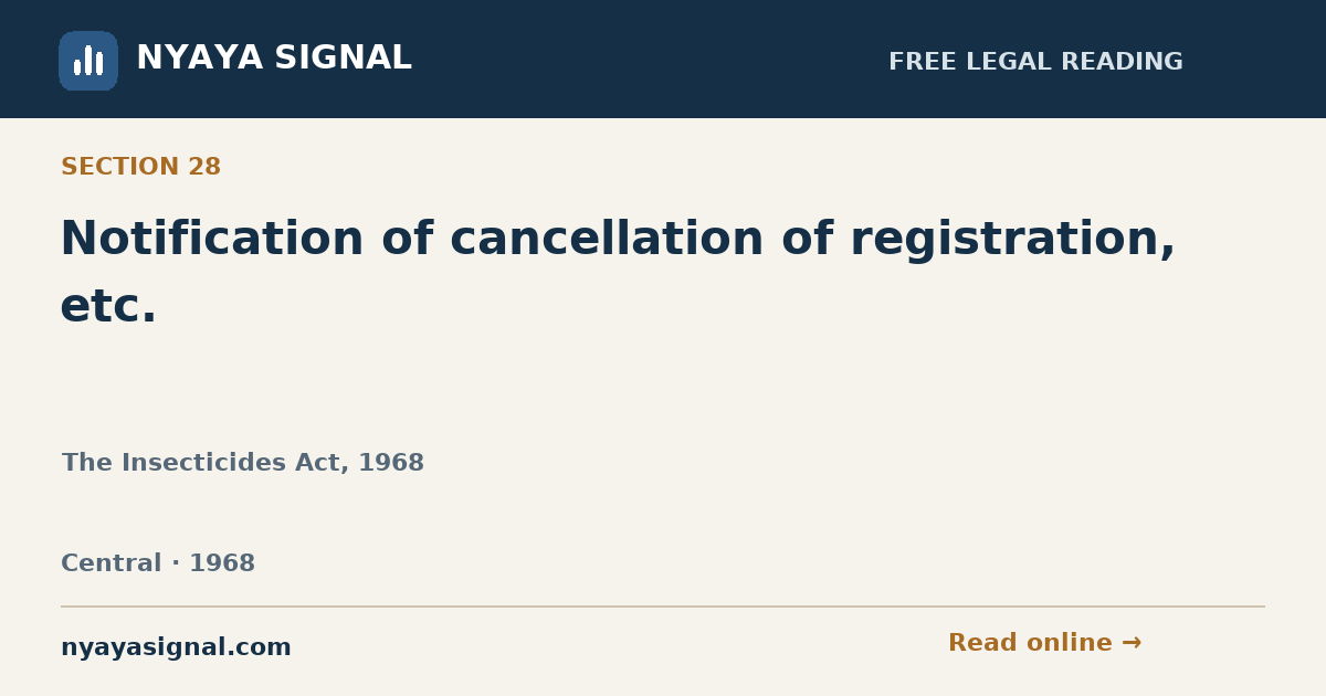 Section 28 — Notification of cancellation of registration, etc. | The Insecticides Act, 1968 | NYAYA SIGNAL