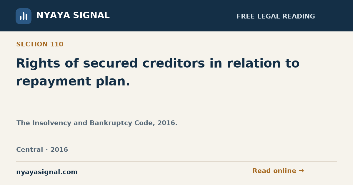 Section 110 — Rights of secured creditors in relation to repayment plan. | The Insolvency and Bankruptcy Code, 2016. | NYAYA SIGNAL