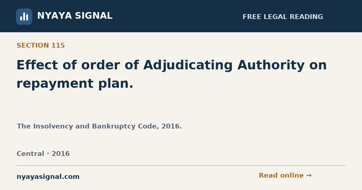 Section 115 — Effect of order of Adjudicating Authority on repayment plan. | The Insolvency and Bankruptcy Code, 2016. | NYAYA SIGNAL