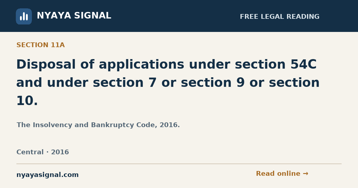 Section 11A — Disposal of applications under section 54C and under section 7 or section 9 or section 10. | The Insolvency and Bankruptcy Code, 2016. | NYAYA SIGNAL