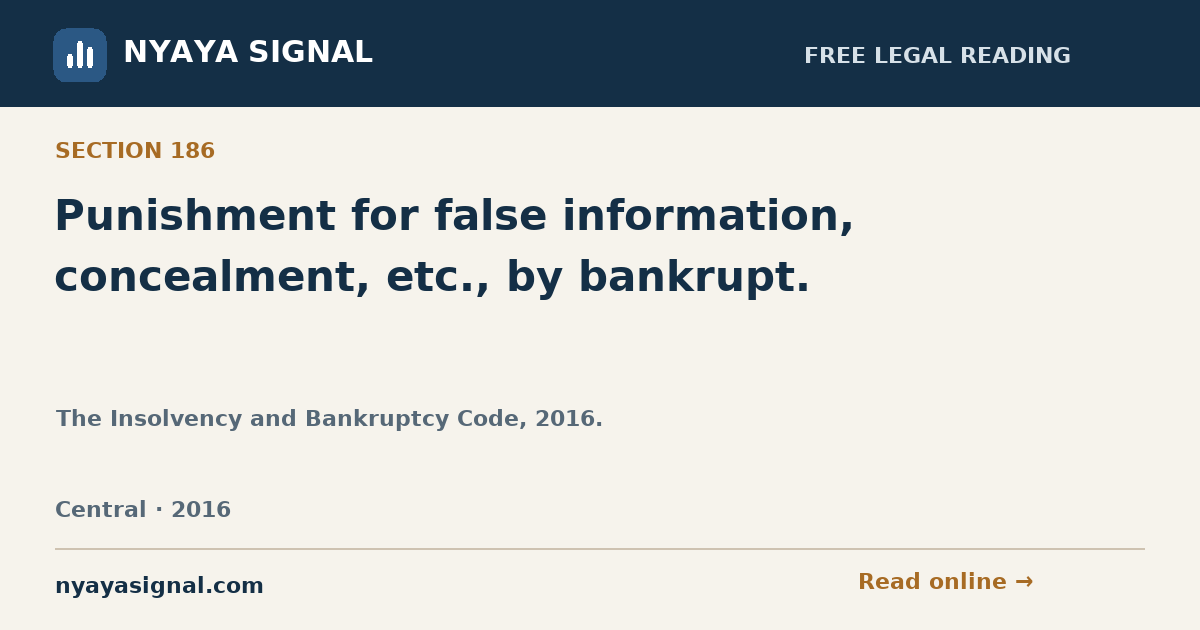 Section 186 — Punishment for false information, concealment, etc., by bankrupt. | The Insolvency and Bankruptcy Code, 2016. | NYAYA SIGNAL
