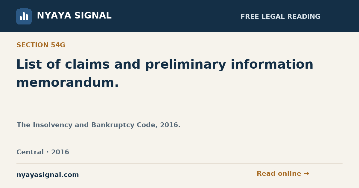 Section 54G — List of claims and preliminary information memorandum. | The Insolvency and Bankruptcy Code, 2016. | NYAYA SIGNAL