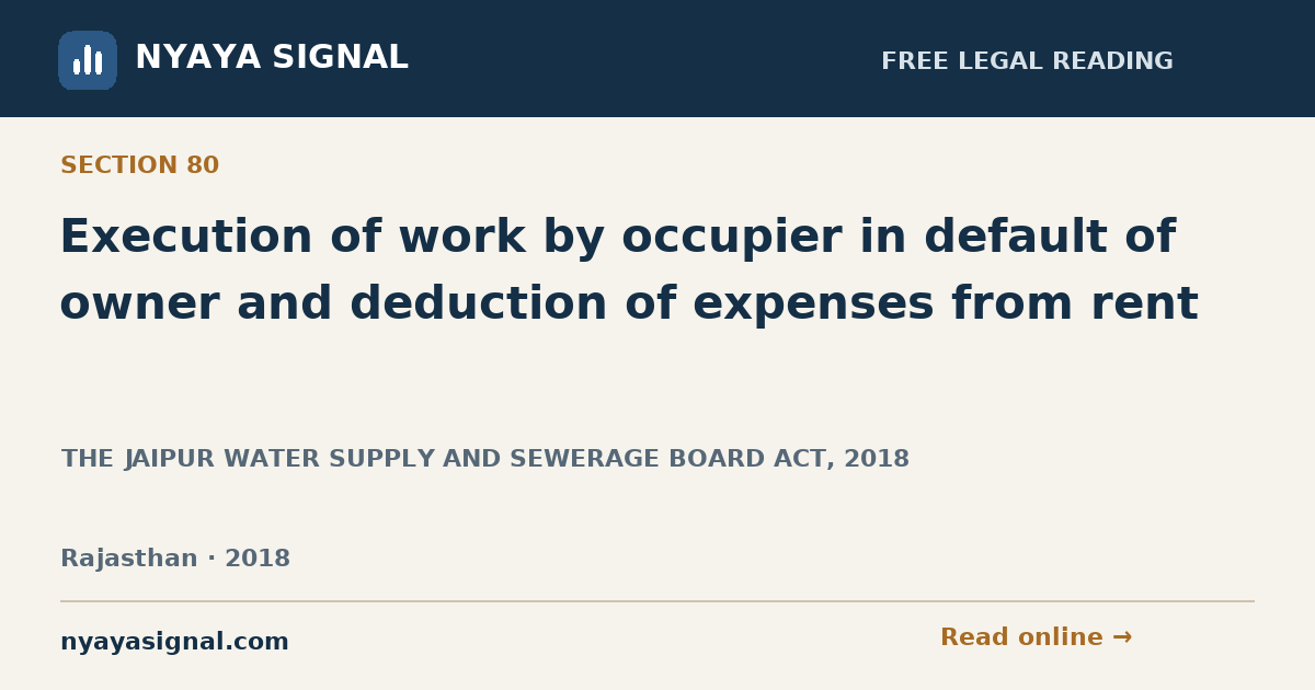 Section 80 — Execution of work by occupier in default of owner and deduction of expenses from rent | THE JAIPUR WATER SUPPLY AND SEWERAGE BOARD ACT, 2018 | NYAYA SIGNAL