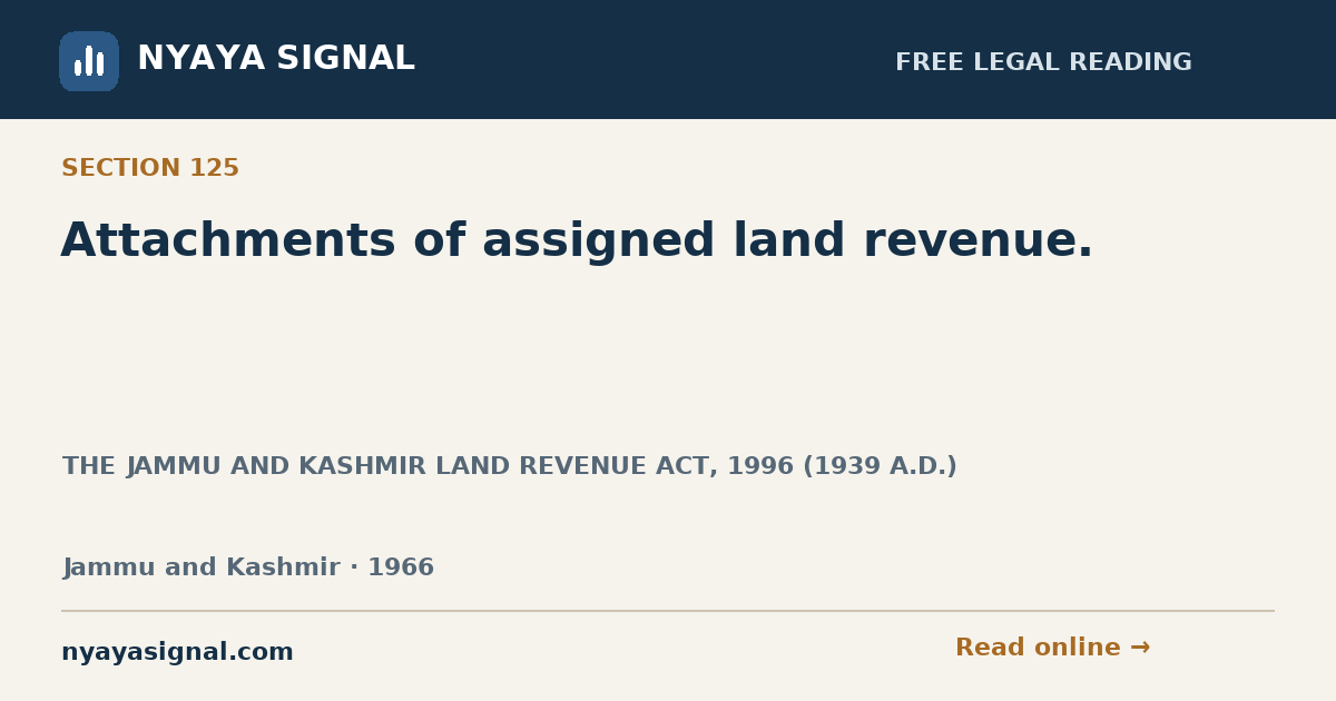 Section 125 — Attachments of assigned land revenue. | THE JAMMU AND KASHMIR LAND REVENUE ACT, 1996 (1939 A.D.) | NYAYA SIGNAL